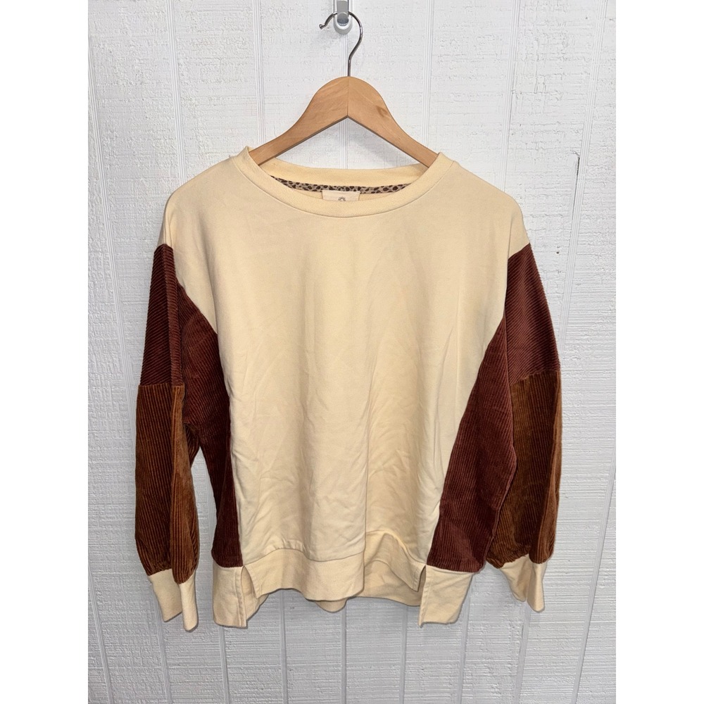 Umgee Colorblock Sweatshirt Women Cream Brown Corduroy Balloon Sleeve NWT S
